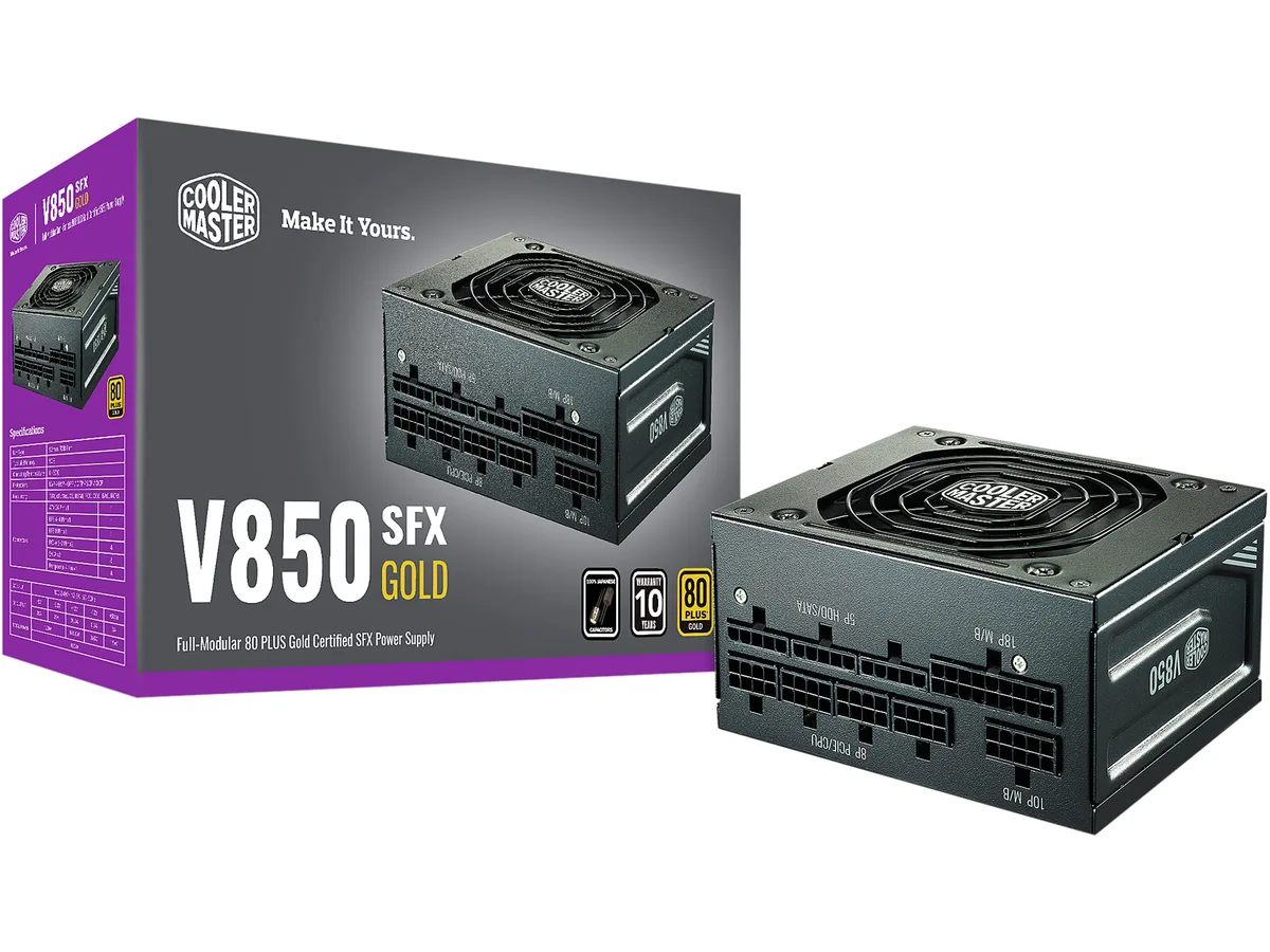 Compact silver SFX power supply with 92mm fan and modular cable sockets