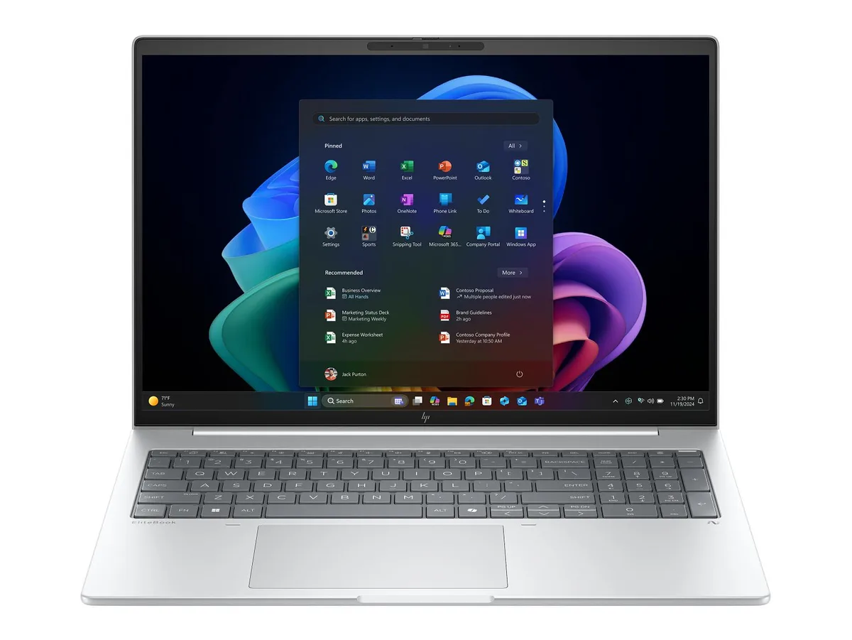 Silver 16-inch business laptop, slim tapered profile, matte anti-glare display