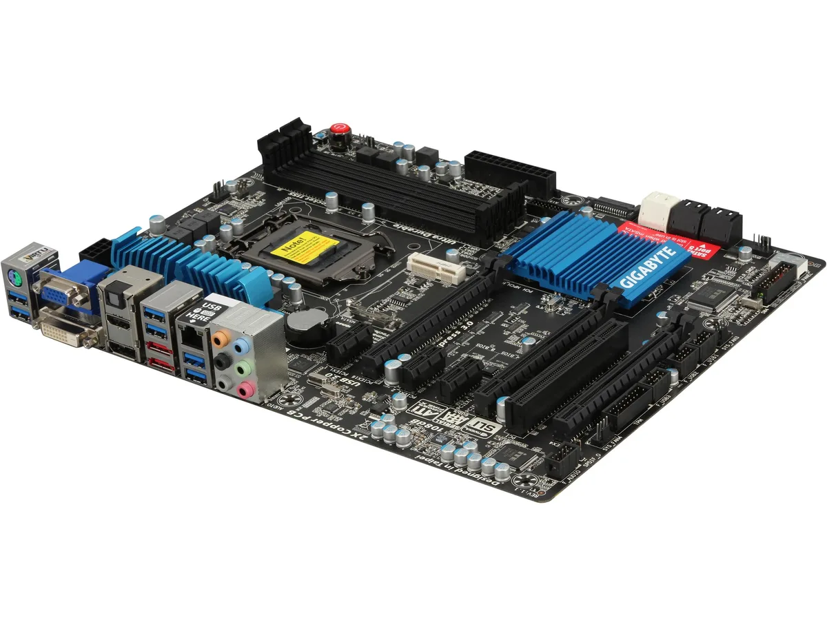 ATX motherboard with black PCB, silver heatsinks, four DDR3 slots, two PCIe x16 slots, rear I/O panel with HDMI, DisplayPort, USB ports