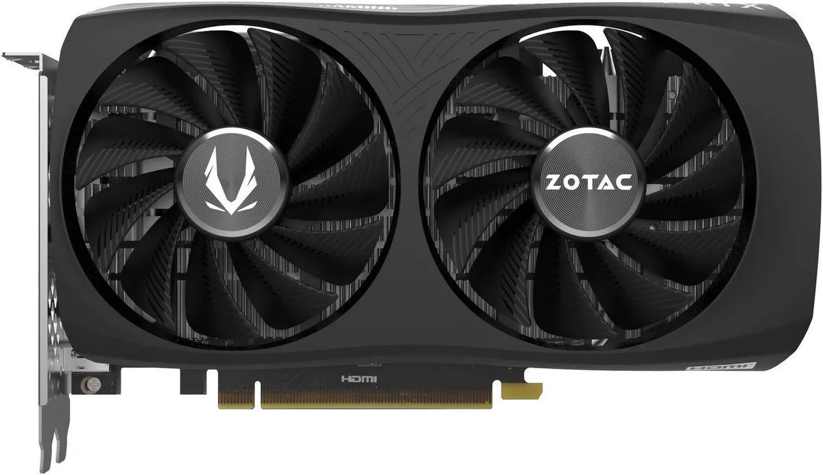 Black dual-slot graphics card with twin fans and metal backplate