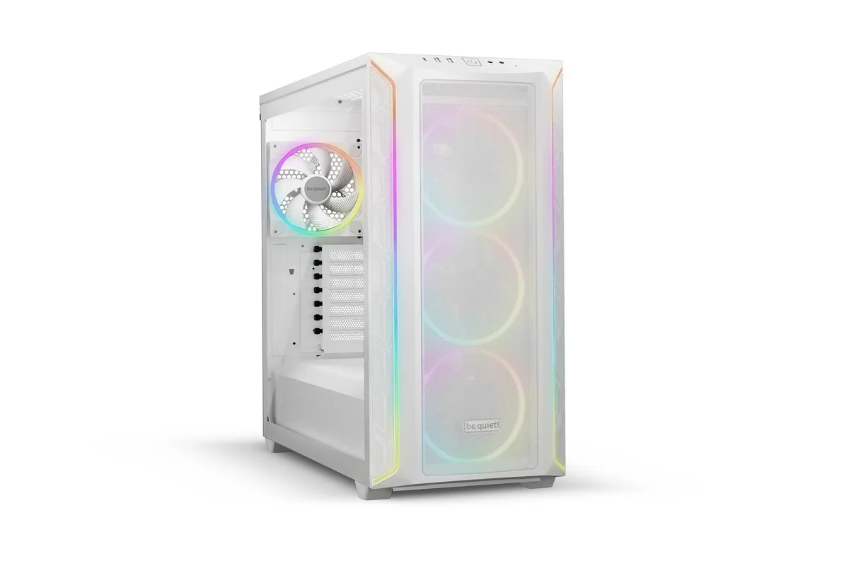 White mid-tower case with tempered glass side panel and four white ARGB fans visible behind mesh front