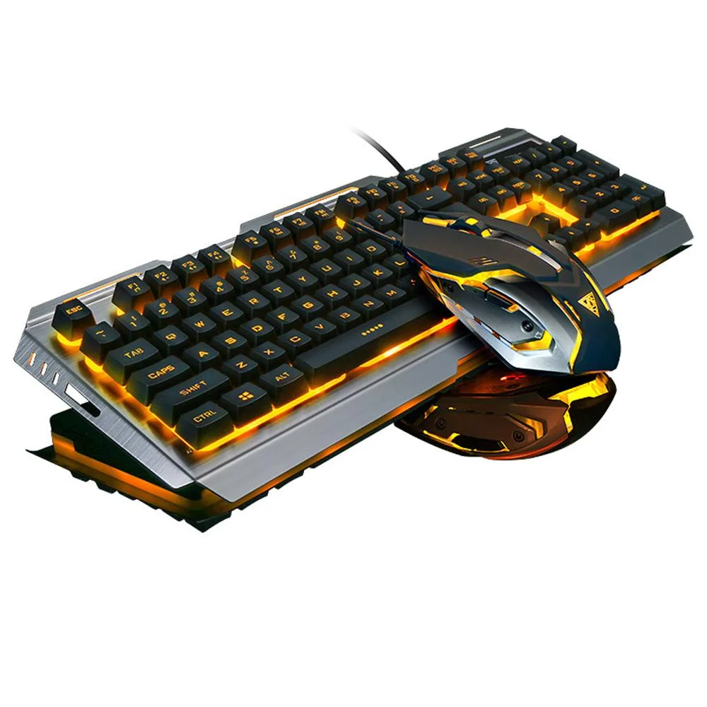 Black wired keyboard and mouse combo, orange backlit, 104 keys, yellow switches