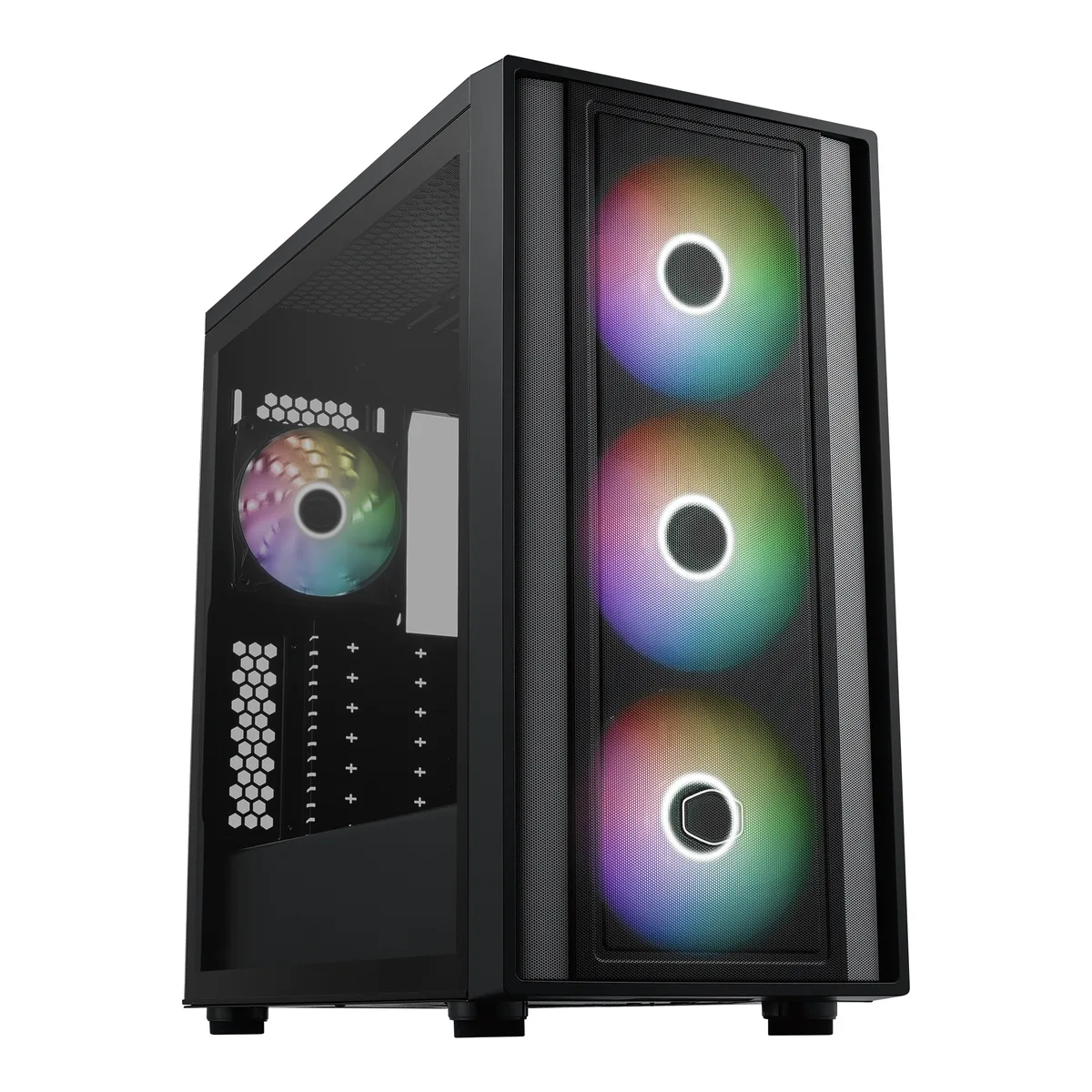 Black mid-tower ATX case with tempered glass side panel and FineMesh front, three 140 mm ARGB fans visible inside