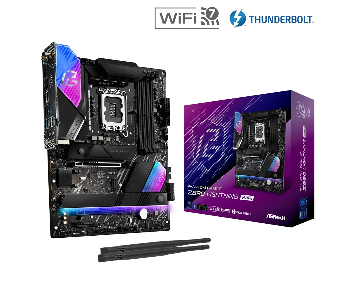 ATX motherboard with black PCB, silver heatsinks, four DDR5 slots, PCIe 5.0 x16 slot, M.2 shields, rear I/O with HDMI and Thunderbolt