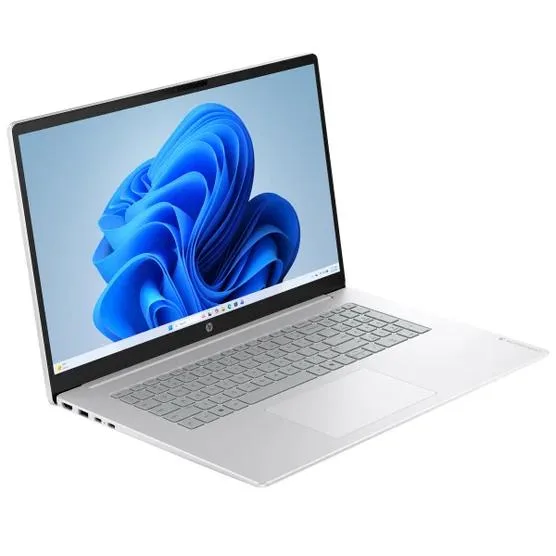 Silver 17.3 inch touchscreen laptop open showing backlit keyboard