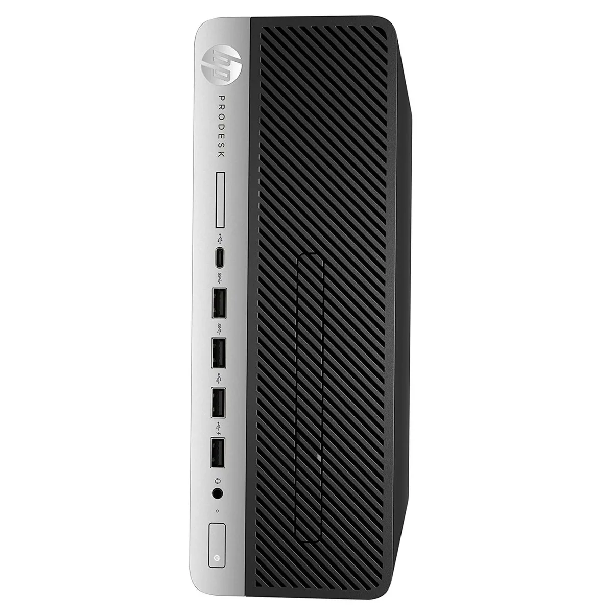 Black and silver small-form-factor desktop tower, front DVD slot, no monitor