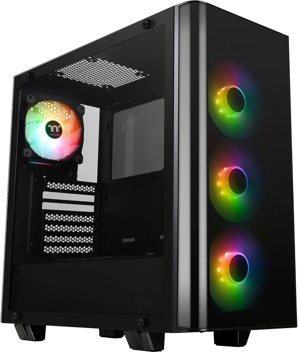 Black mid-tower case with dual tempered glass panels and four RGB fans