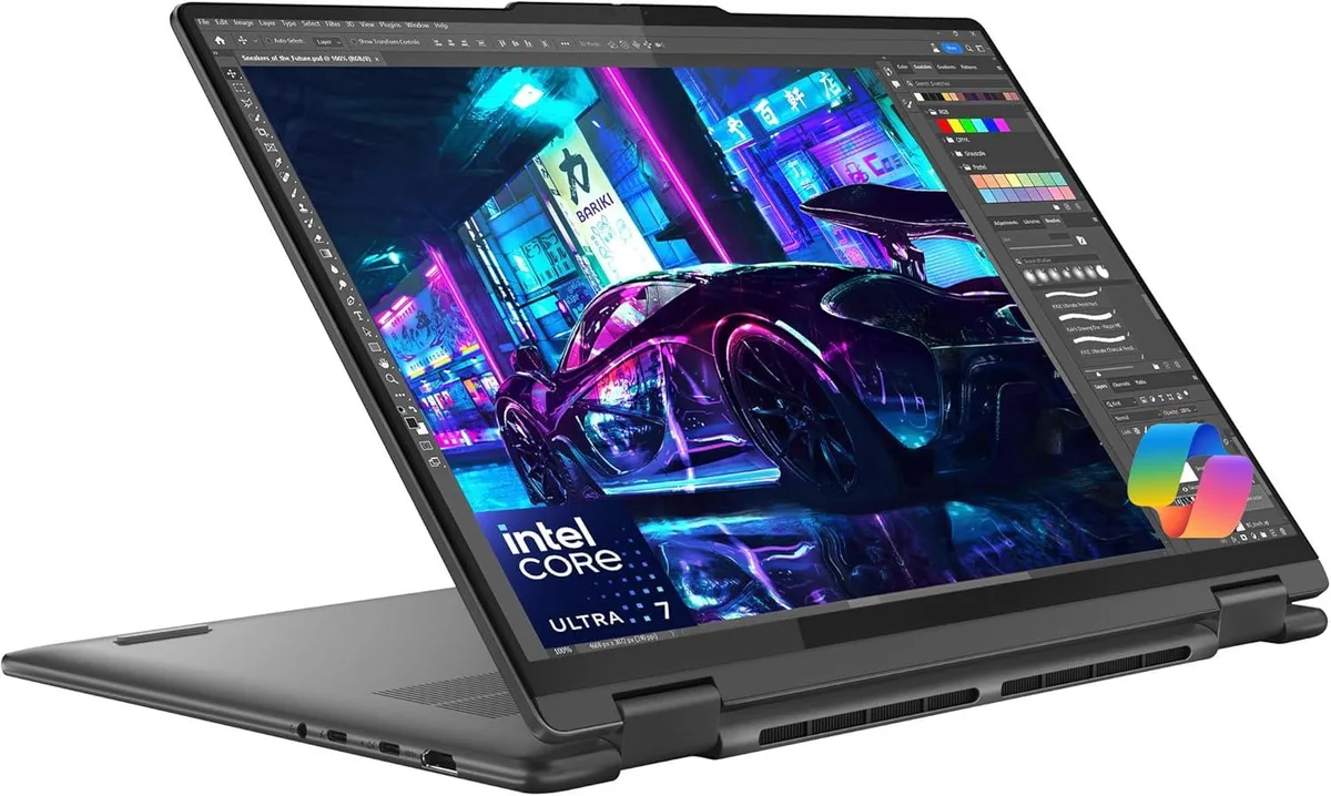 Gray 16-inch 2-in-1 laptop with glossy touchscreen
