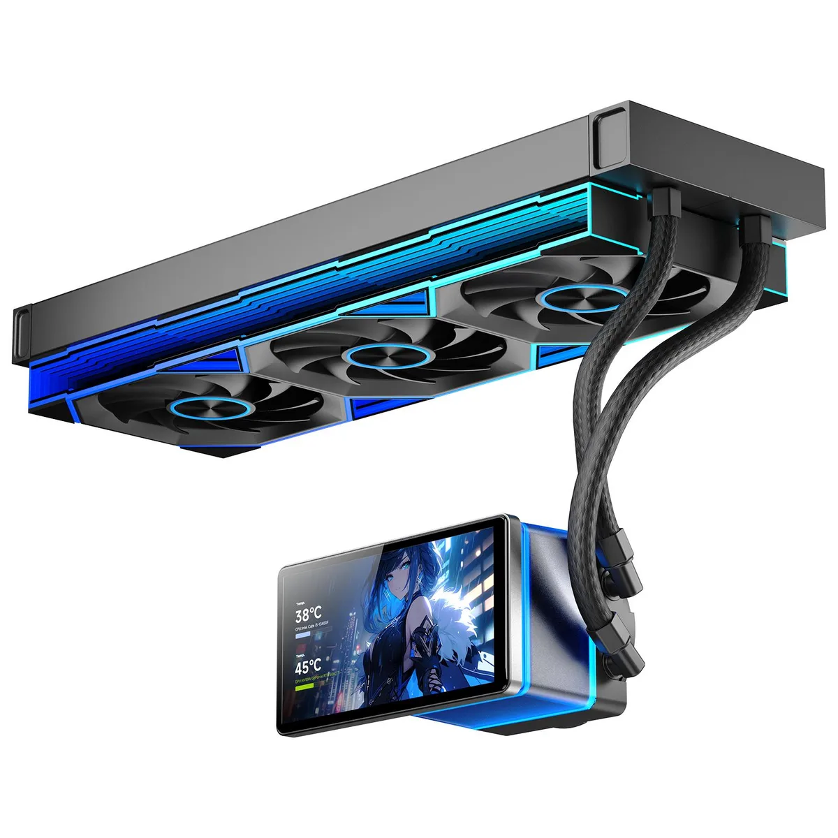 Black 360 mm AIO with 5.5 inch LCD screen and three ARGB fans