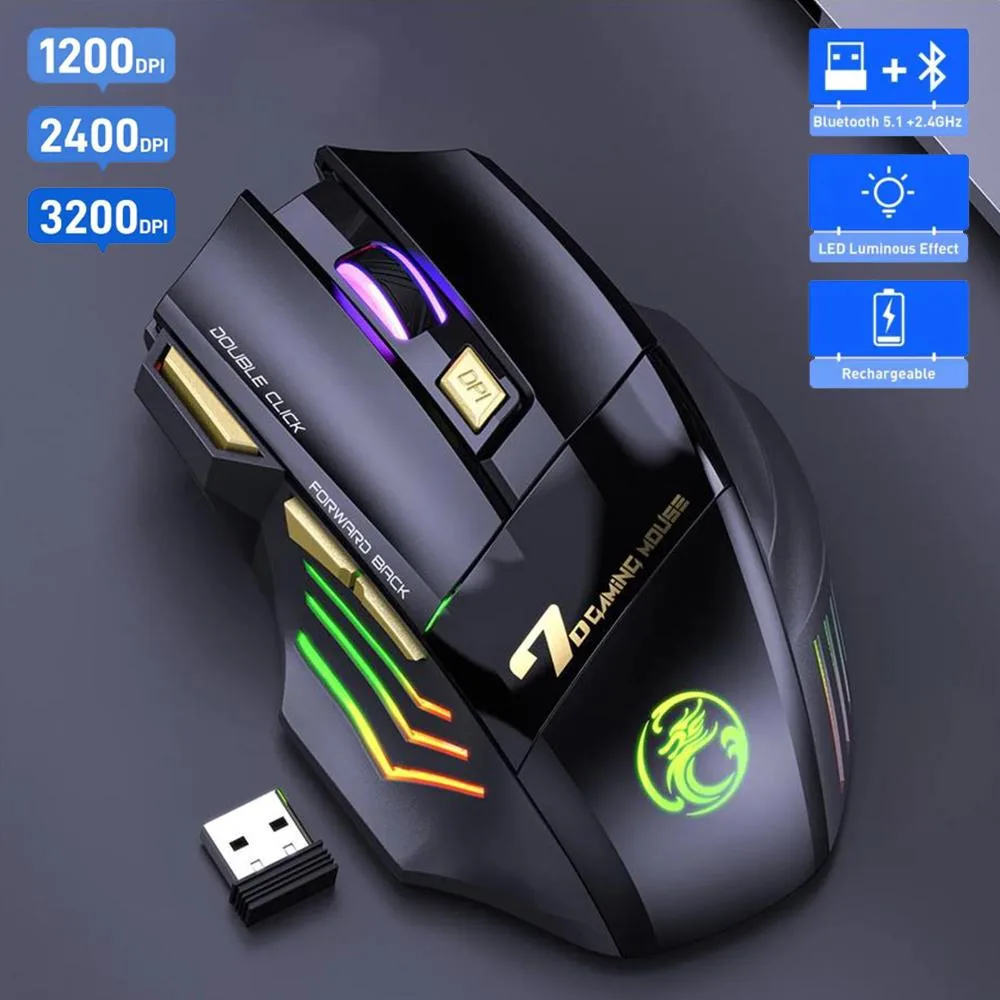 Black ergonomic wireless gaming mouse with 7-color rainbow lighting and seven buttons