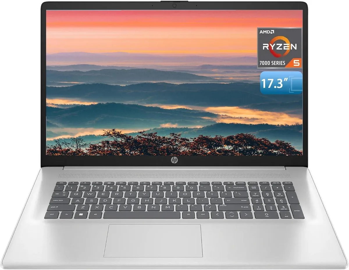 Silver 17.3 inch laptop, standard clamshell form, non-touch matte display, slim profile