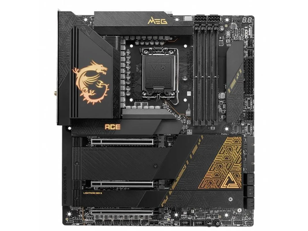 MSI MEG Z790 ACE E-ATX motherboard black with silver heatsinks and gold accents