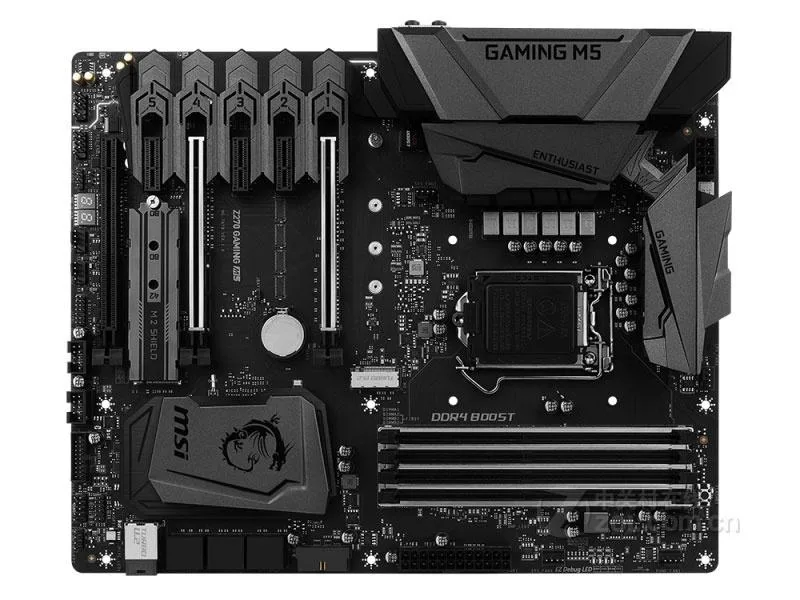 Black ATX motherboard with silver heatsinks and red accents