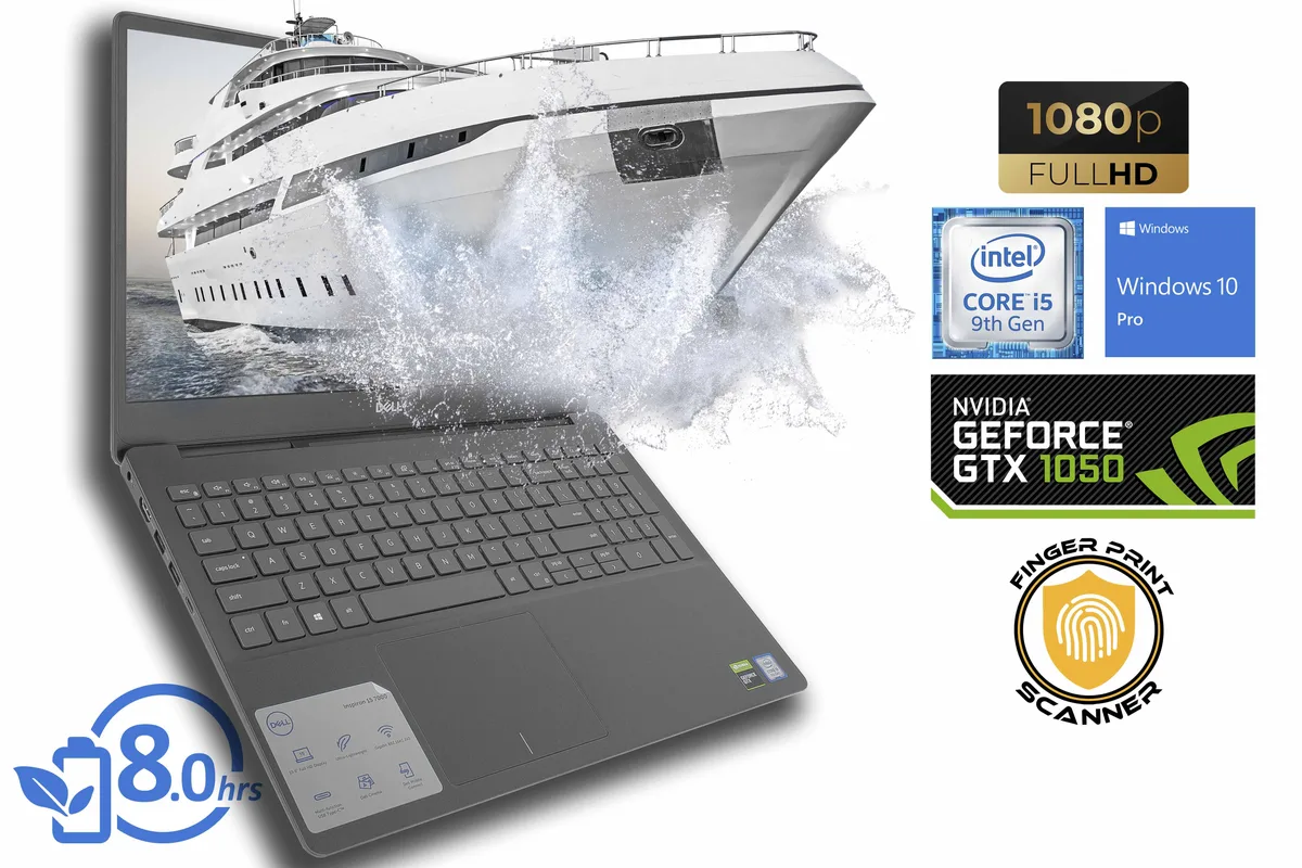 Charcoal gray 15.6 inch Dell Inspiron 7590 gaming notebook with thin bezels and backlit keyboard