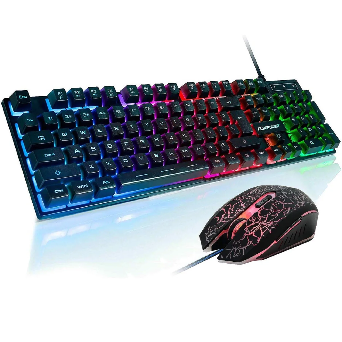 Black wired gaming keyboard and mouse combo with multicolour backlighting