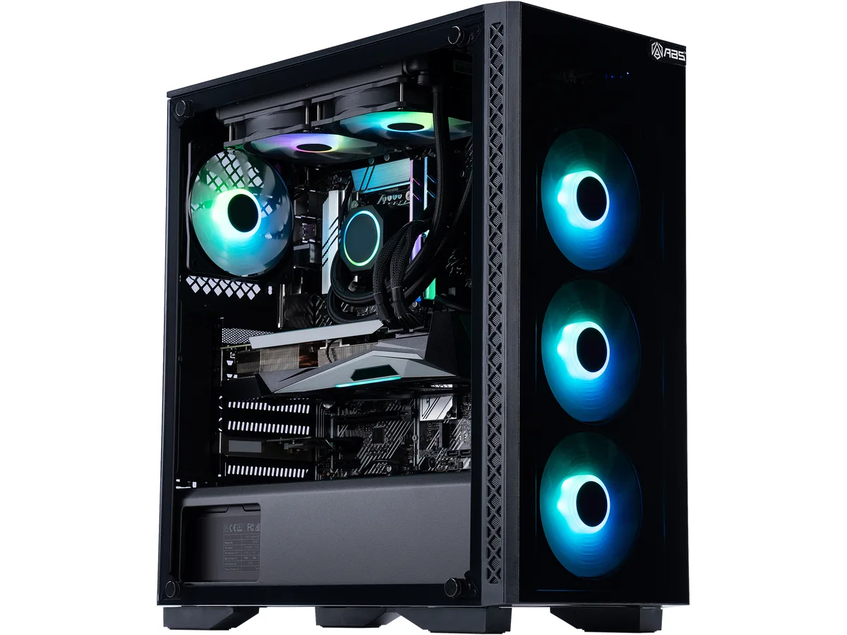 ABS Gladiator mid-tower gaming desktop in black case with RGB liquid cooler and four RGB fans