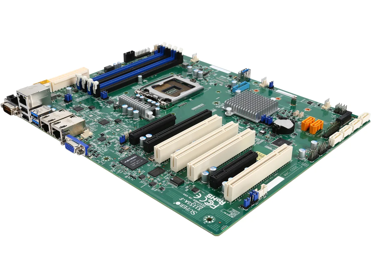 Green ATX server motherboard with LGA 1151 socket, four DDR4 slots, multiple PCI-E and PCI slots, dual RJ45 LAN ports, VGA output