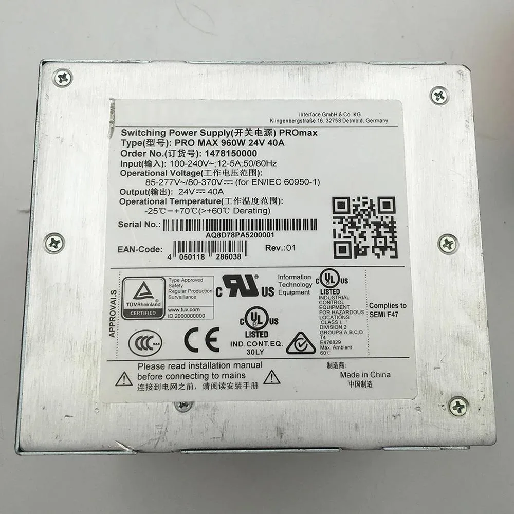 Rectangular silver ATX power supply unit with ventilation grilles and label showing 960W 24V 40A
