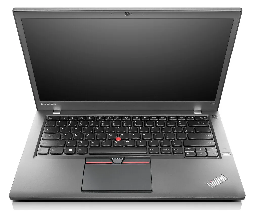 Black 14-inch laptop with backlit keyboard and fingerprint reader