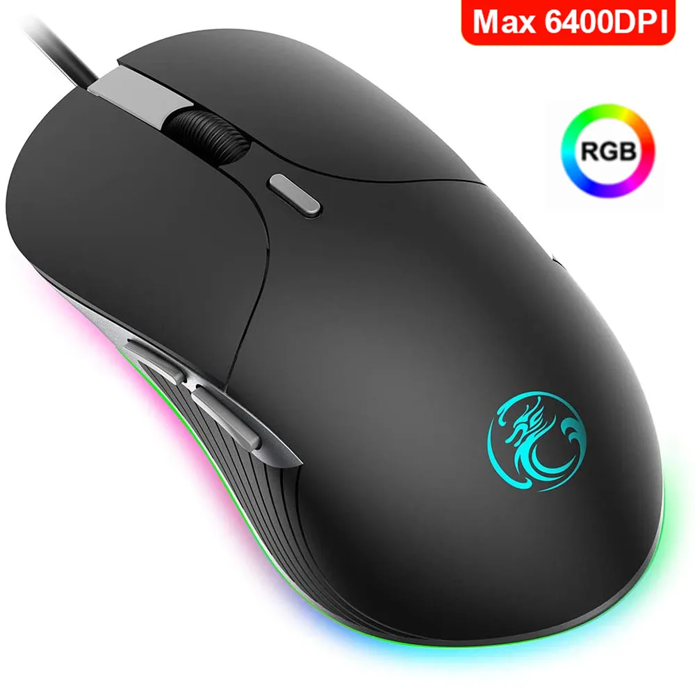 Black wired gaming mouse with six buttons and RGB lighting