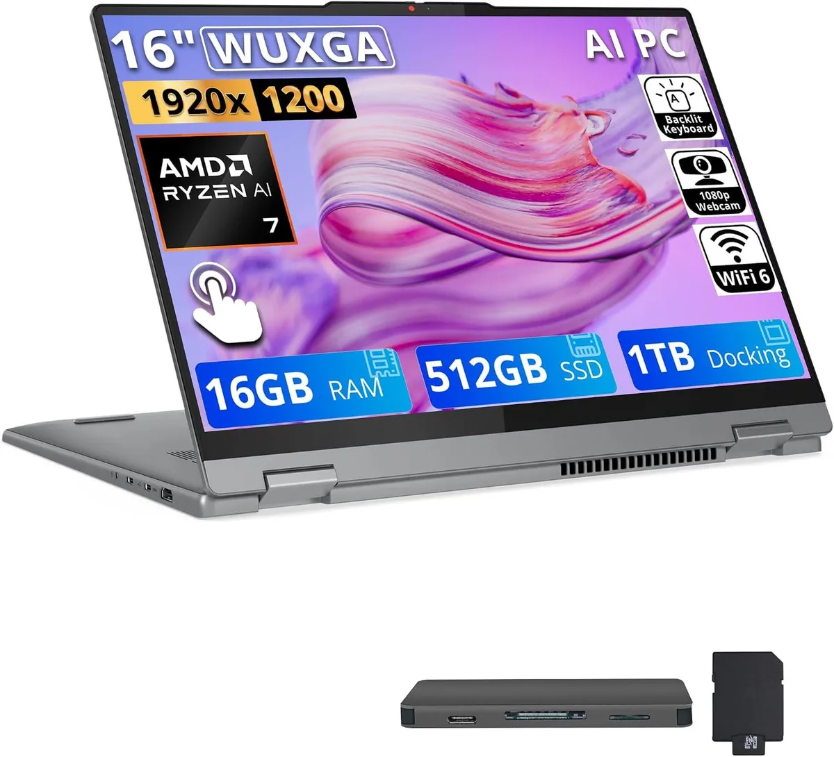 Lenovo Lenovo IdeaPad 5 2-in-1 16" WUXGA Touchscreen AMD Ryzen 7 8845HS 16GB 512GB+1TB Dock Set Grey — 商品照片