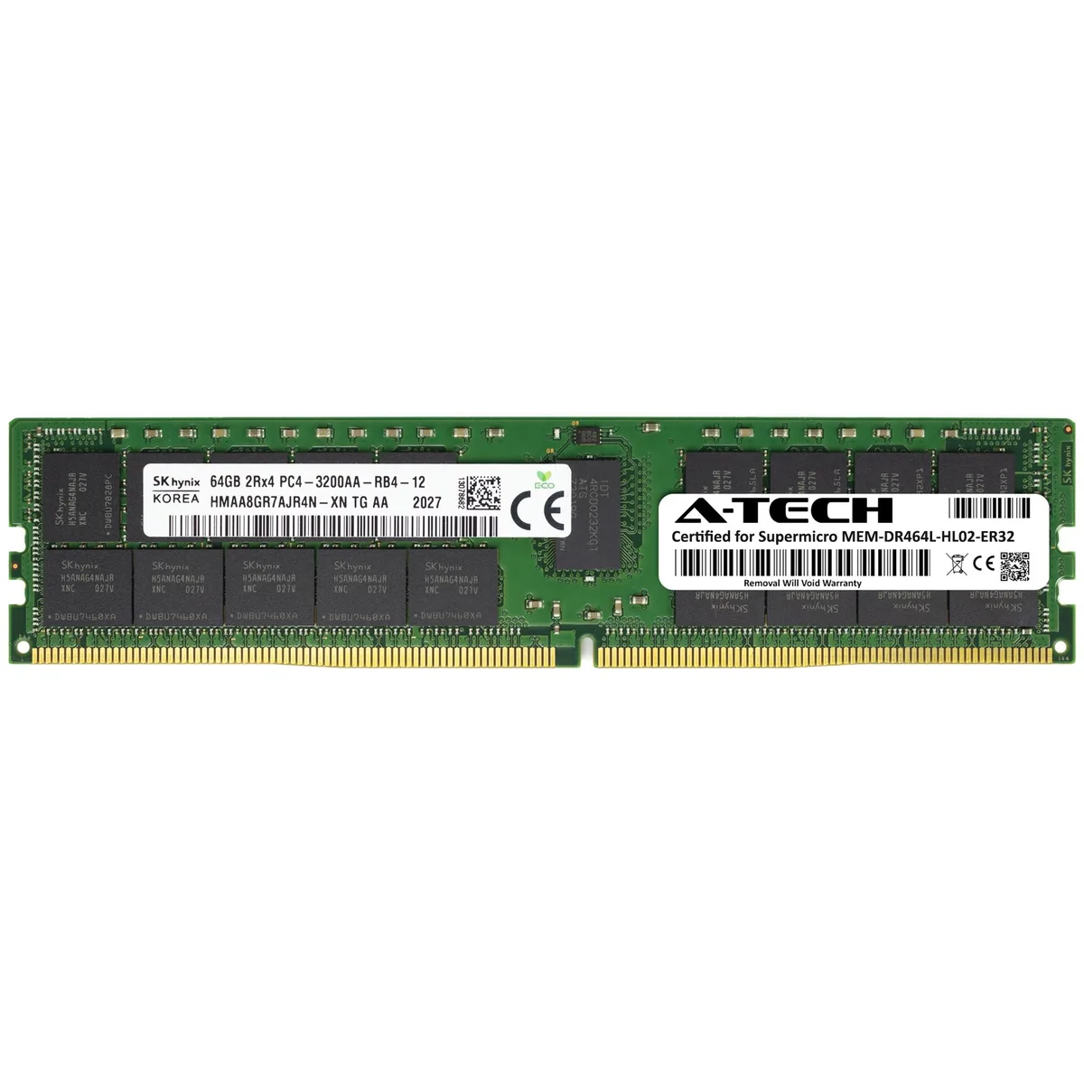 Green rectangular DDR4 RDIMM module with black chips and gold contacts
