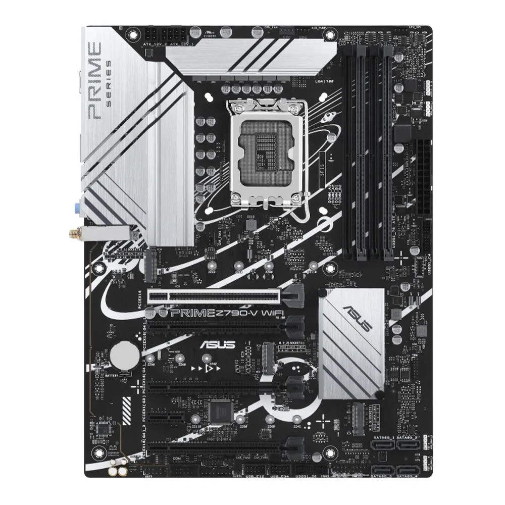 ATX motherboard with silver heatsinks and black PCB