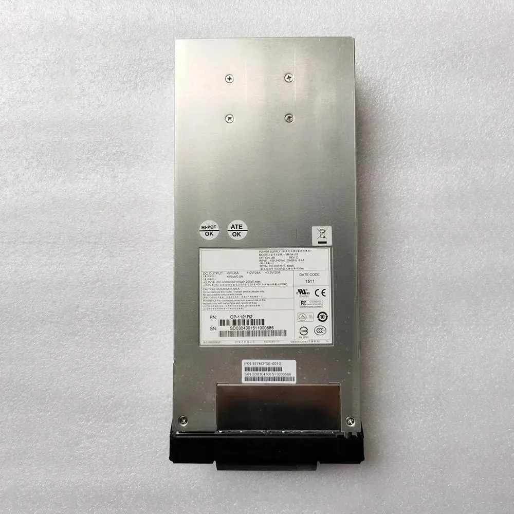 Rectangular metal server power supply unit with rear fan grille and handle