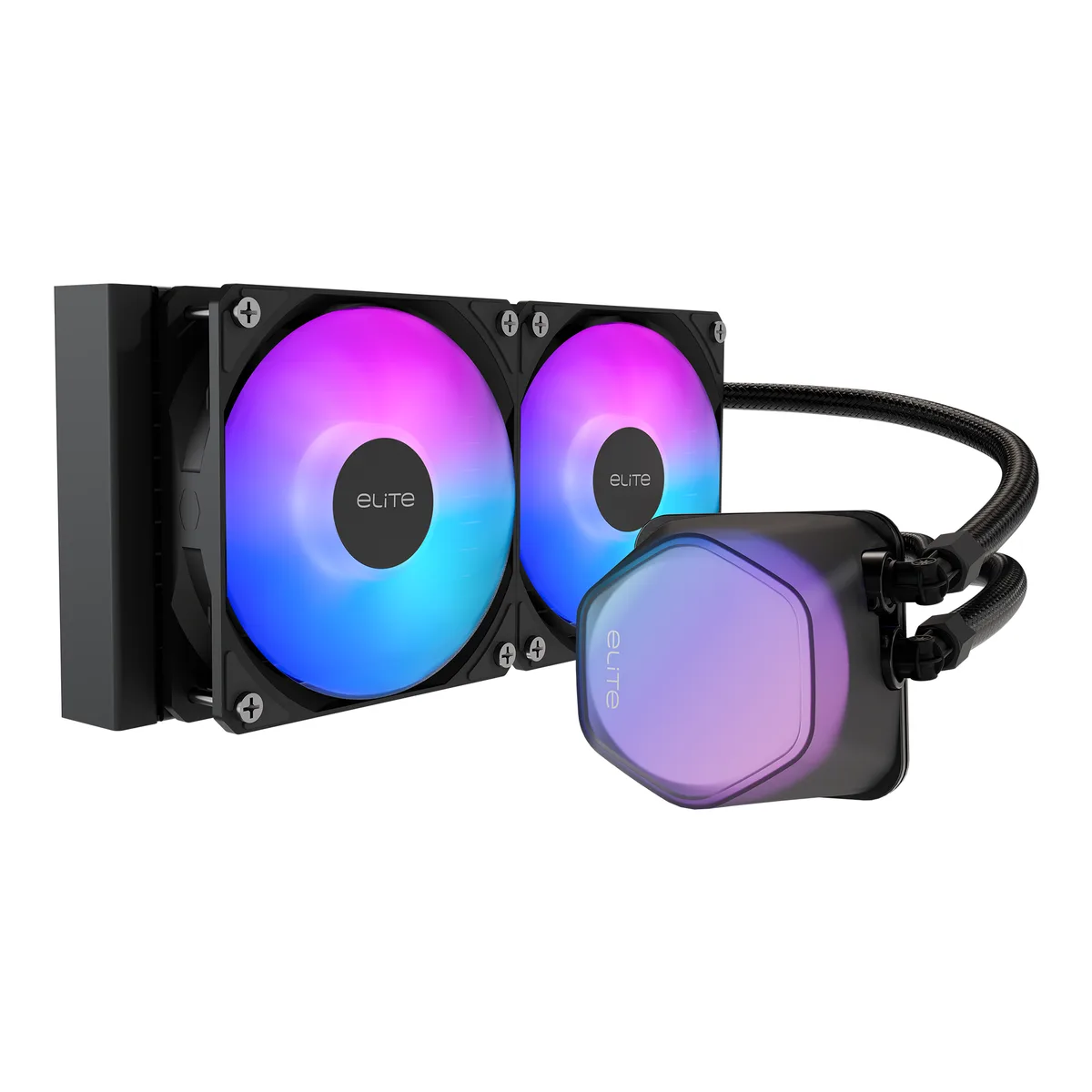 Black 240mm AIO with 120mm ARGB fans and hexagon pump cap