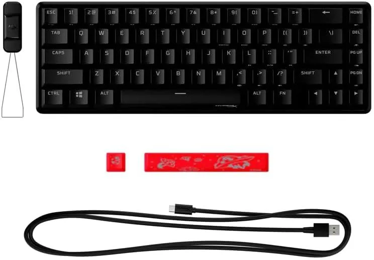 Compact black 65% mechanical keyboard with 67 keys, PBT keycaps, RGB lighting, aluminium frame, detachable USB-C cable