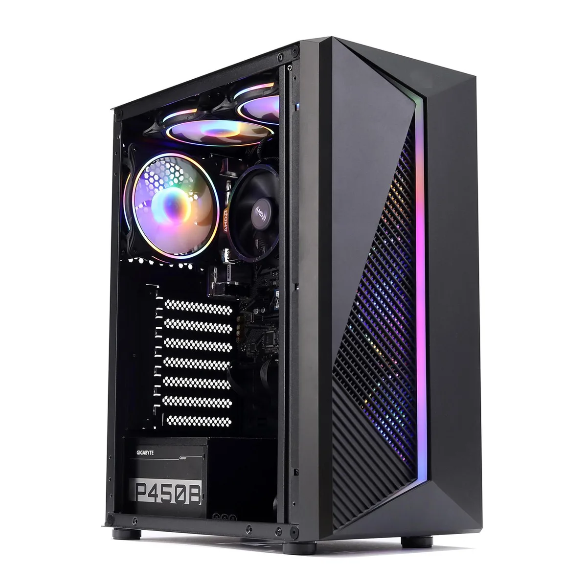 Black mid-tower desktop with six RGB fans visible through side panel
