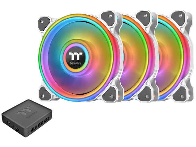 Three white 140mm square case fans with four RGB light rings each