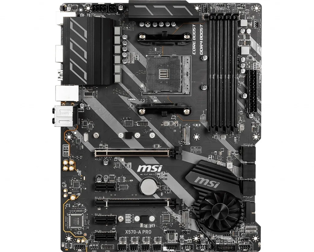 Black ATX motherboard with silver heatsinks and a small fan on the chipset