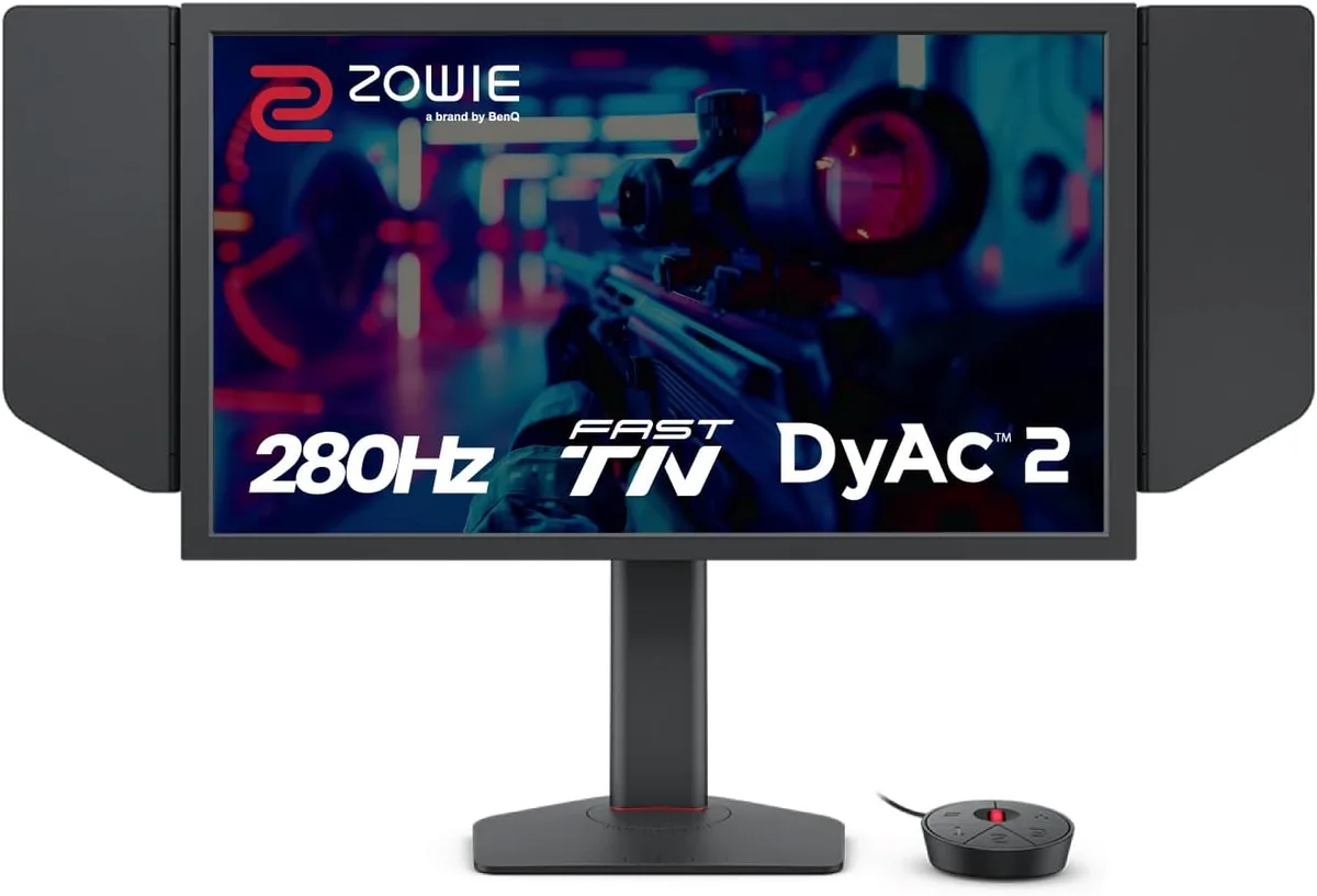 Black flat 24.1 inch gaming monitor on height adjustable stand with side shielding hood