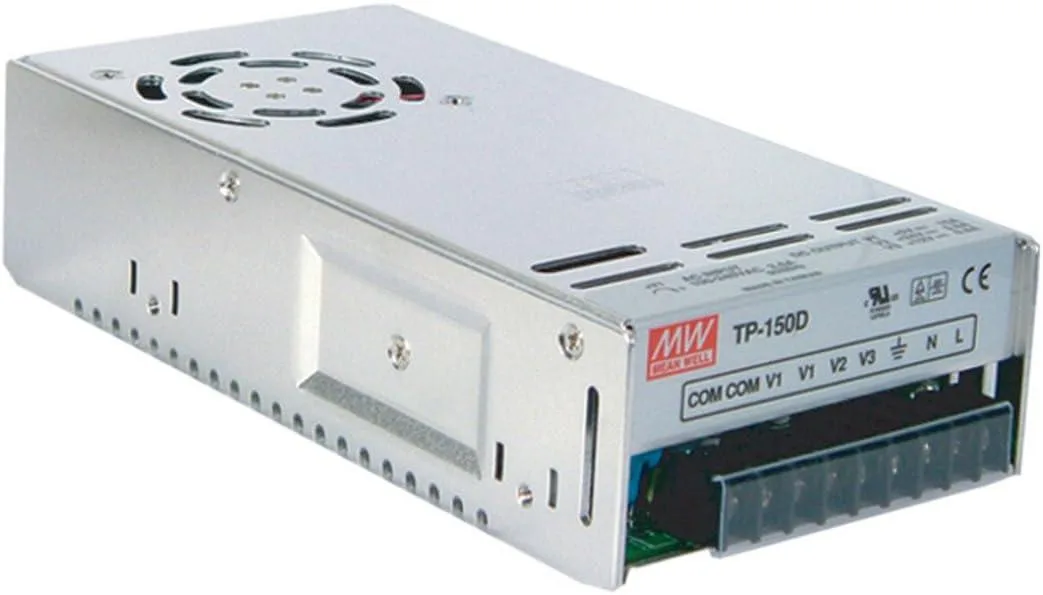 Rectangular metal power supply unit with built-in fan and terminal block connections