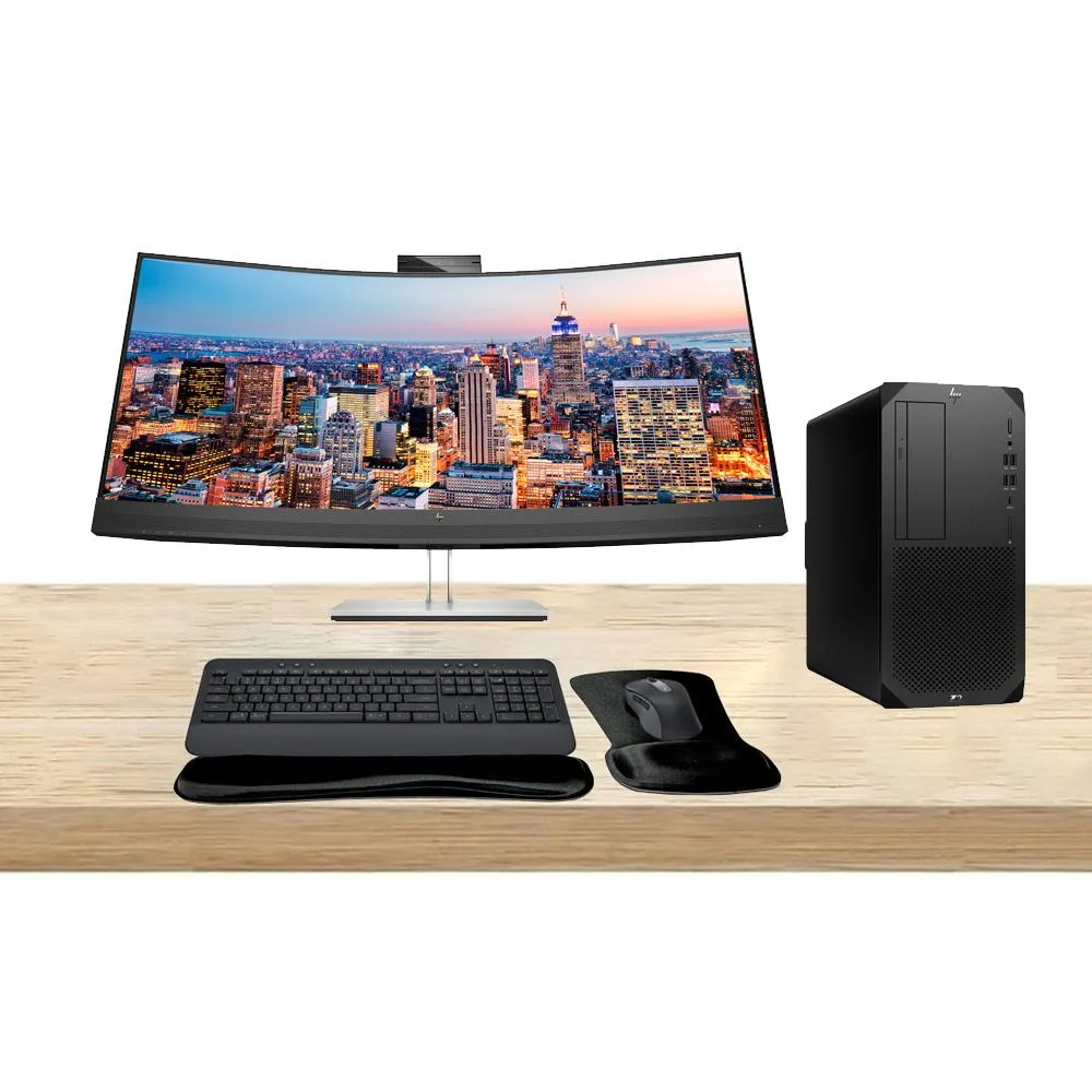 HP Z2 G9 tower workstation, 34-inch curved WQHD monitor, wireless keyboard and mouse set