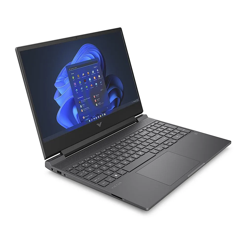 Mica silver HP Victus 15.6 laptop open showing keyboard and screen
