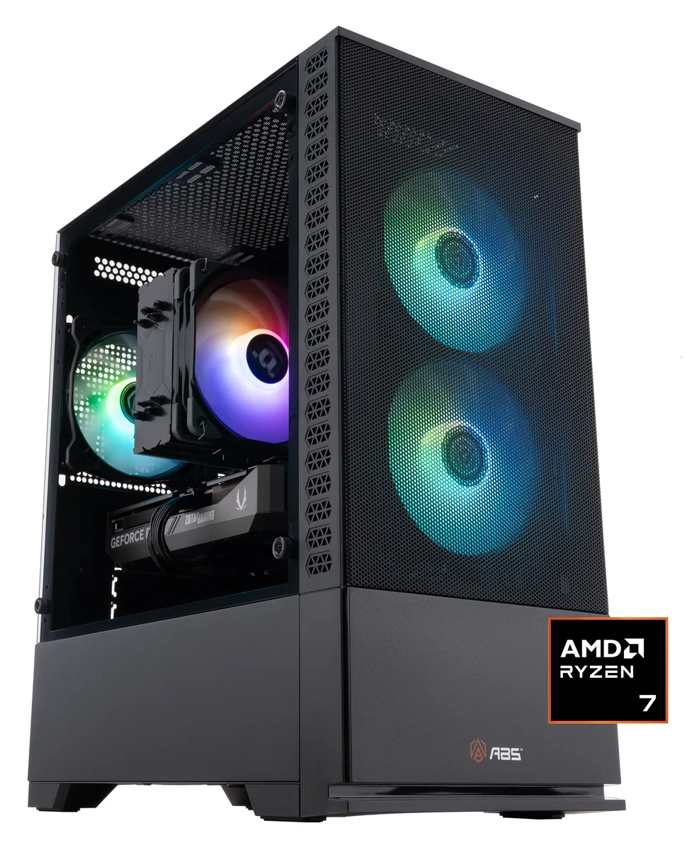 Black micro-tower desktop with glass side panel showing RGB memory and air cooler