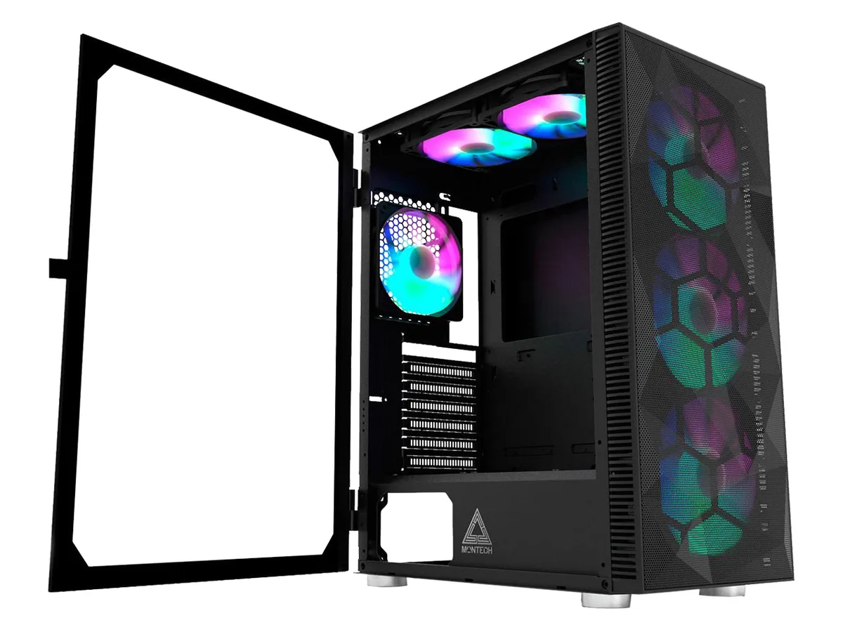 Black mid-tower case with mesh front, tempered glass side panel and six pre-installed RGB fans