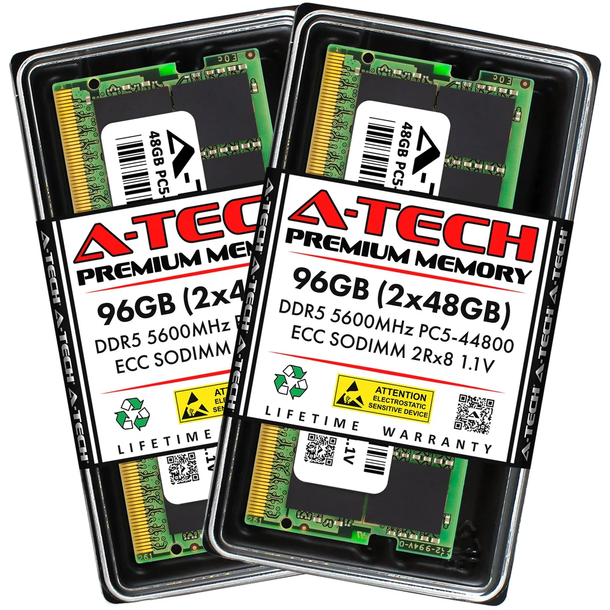 Two green DDR5 SODIMM modules with black chips, no heat spreader