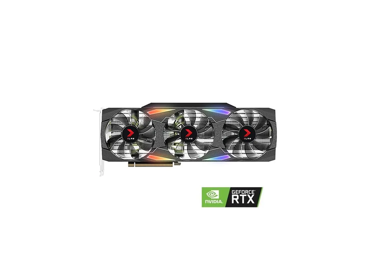 Full-size graphics card with silver and black cooler, three fans, backplate, single HDMI and DisplayPort bracket