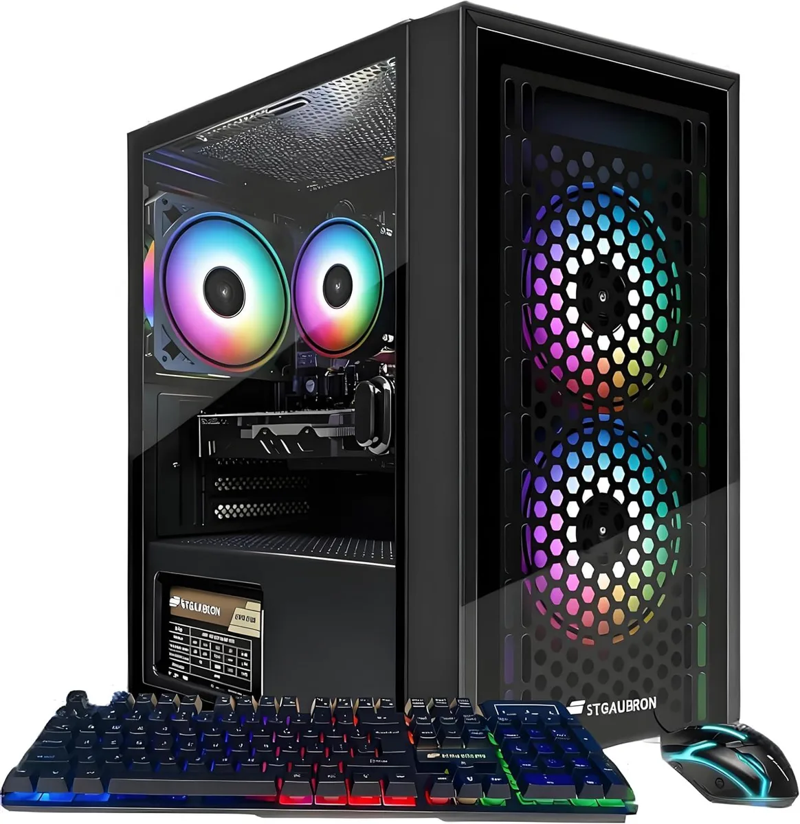 Black tower desktop with three RGB fans visible through tempered glass side panel