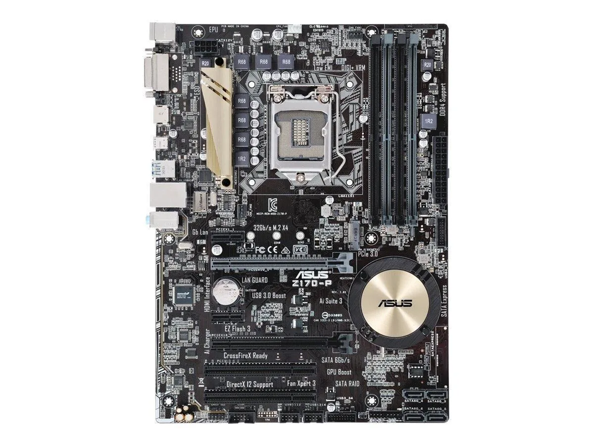 ASUS Z170-P ATX motherboard, matte black PCB with silver heatsinks and blue accents