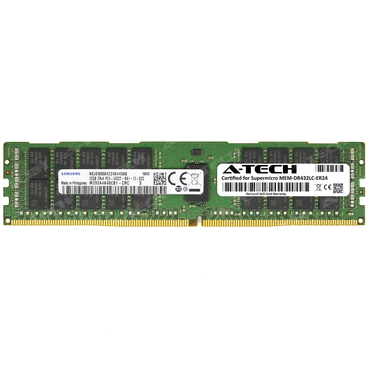 Green rectangular server RAM stick with gold contacts and black chips