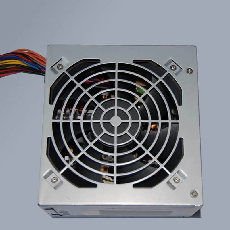 Rectangular metal ATX power supply unit with matte black finish and rear fan grille
