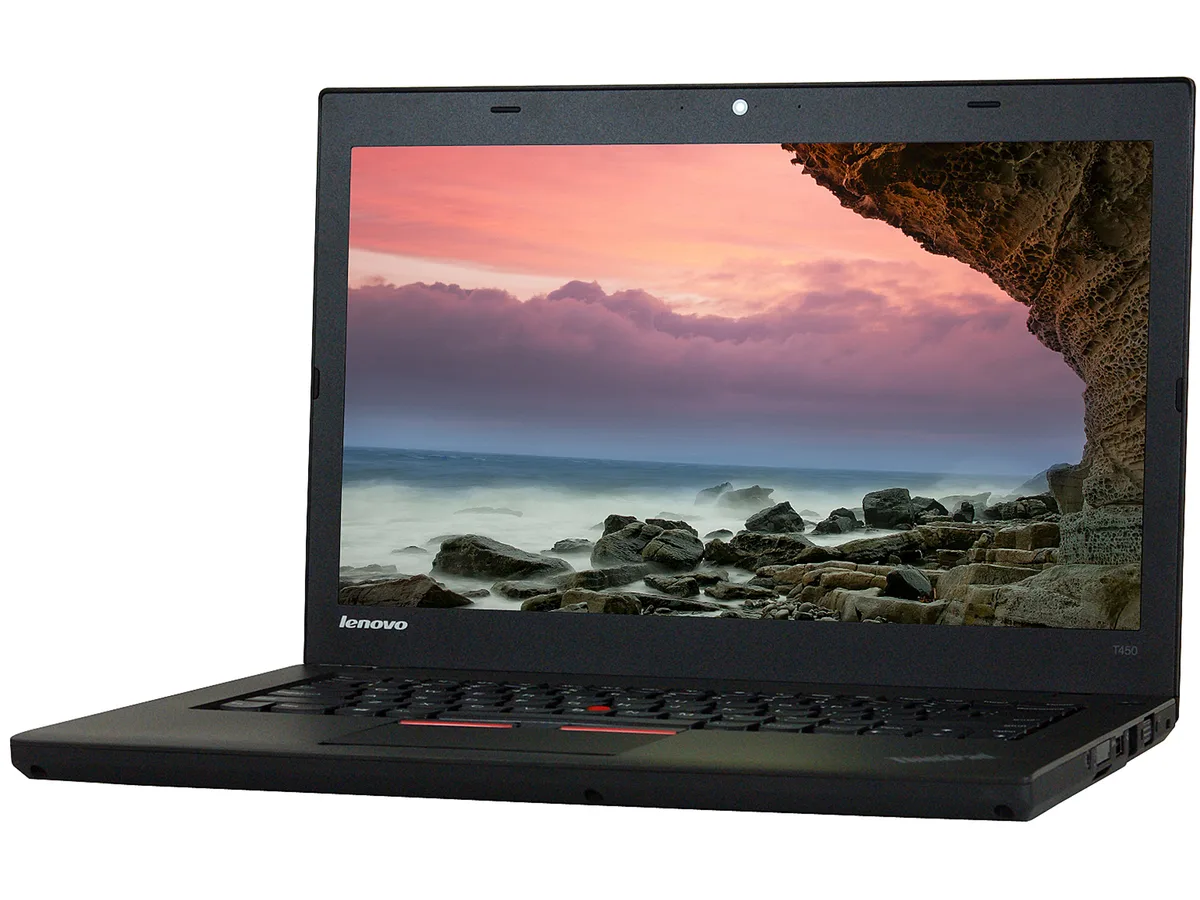 Refurbished Lenovo T450 14 inch laptop, matte black chassis with visible wear, non-touch screen, keyboard and AC adapter included