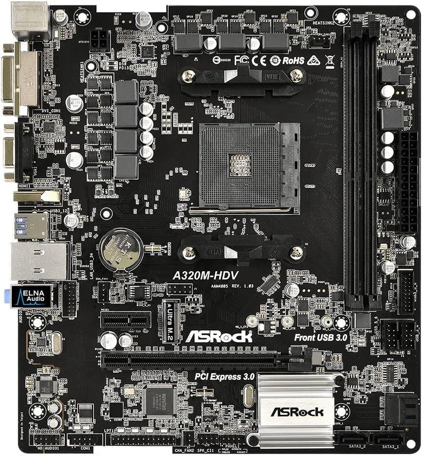 Green MicroATX motherboard with silver AM4 socket and black PCIe slot, I/O shield included