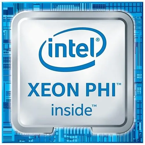 Green rectangular processor package with gold contacts and silver heat spreader, labelled Intel Xeon Phi 7230 64-core