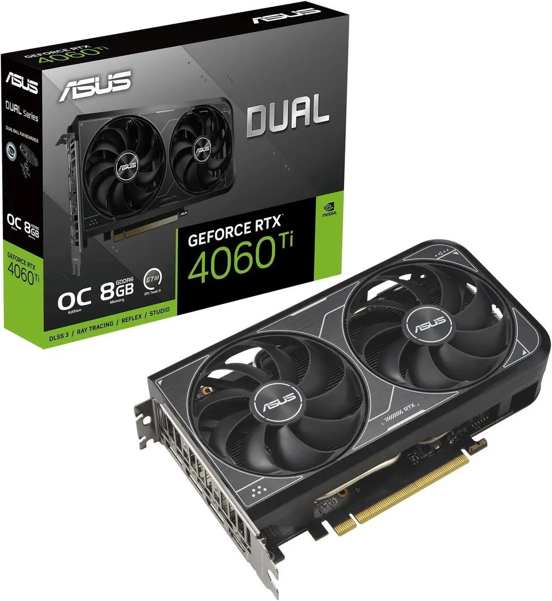 Black dual-fan graphics card with silver accents, compact two-slot form factor