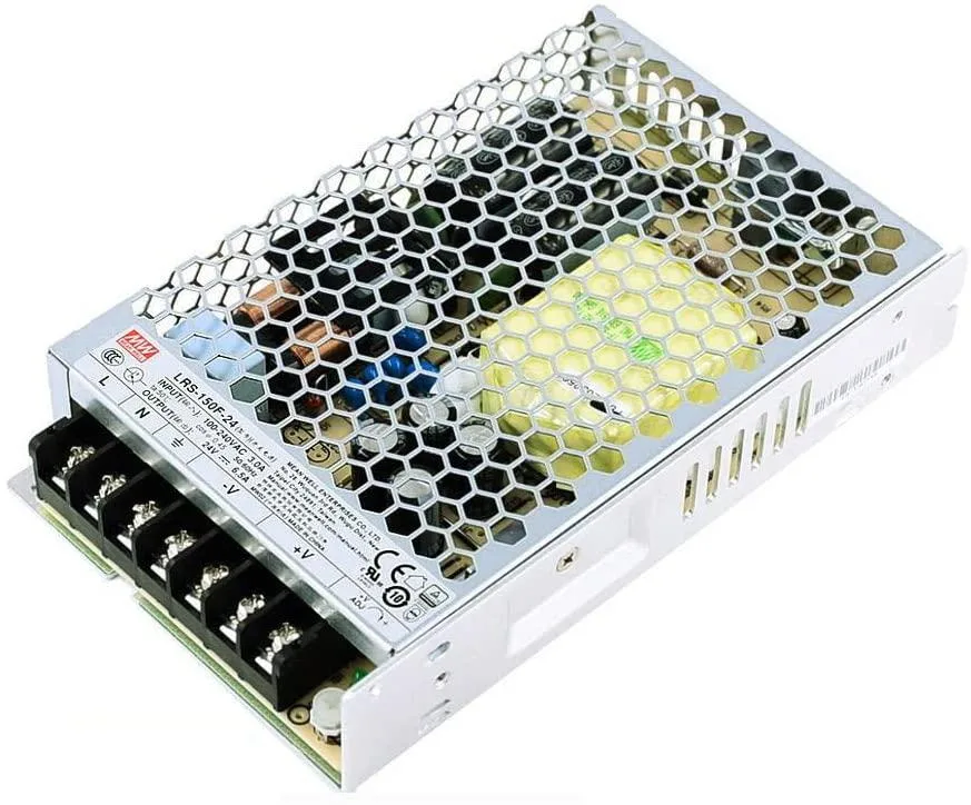 Enclosed metal power supply unit, low-profile 1U form factor, matte finish with terminal block and LED indicator